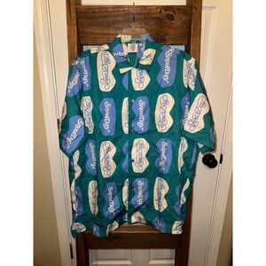 Snow Day Graphic Print Short Sleeve Button Up Shirt Men's Size L Teal Blue White